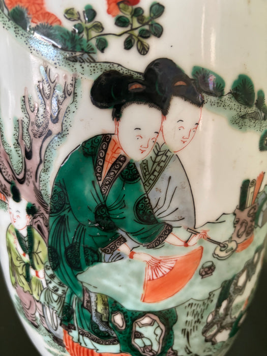 Vintage Chinese Porcelain Lamp with Green and Orange Figurative Motif