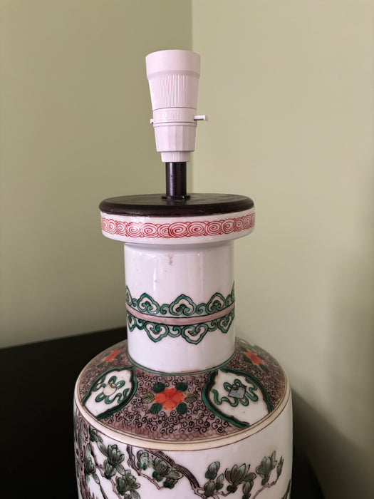 Vintage Chinese Porcelain Lamp with Green and Orange Figurative Motif
