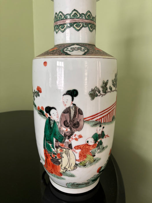 Vintage Chinese Porcelain Lamp with Green and Orange Figurative Motif