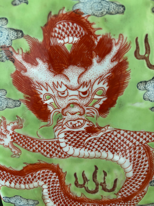 Vintage Chinese Green Porcelain Lamp with Orange Dragons Motif