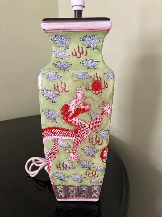 Vintage Chinese Green Porcelain Lamp with Orange Dragons Motif