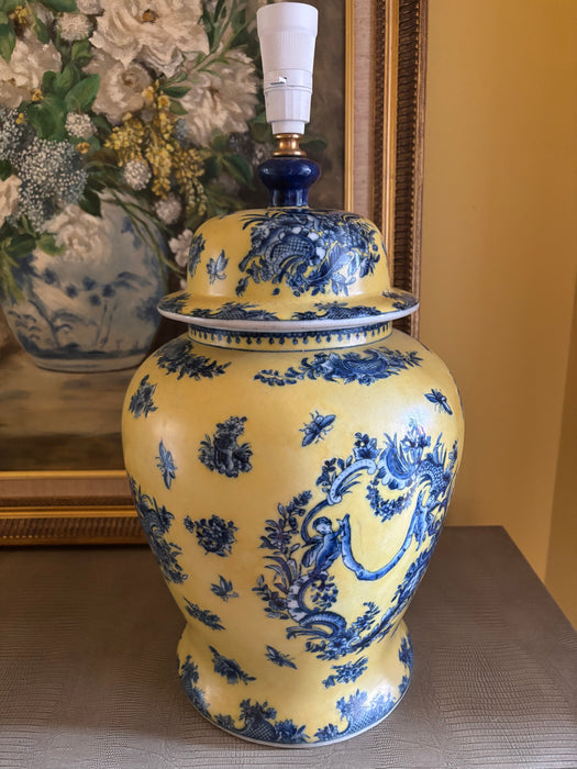 Large Vintage Yellow Ginger Jar Lamp Base with Blue Garland and Putti Motif
