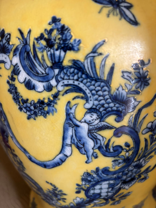 Large Vintage Yellow Ginger Jar Lamp Base with Blue Garland and Putti Motif