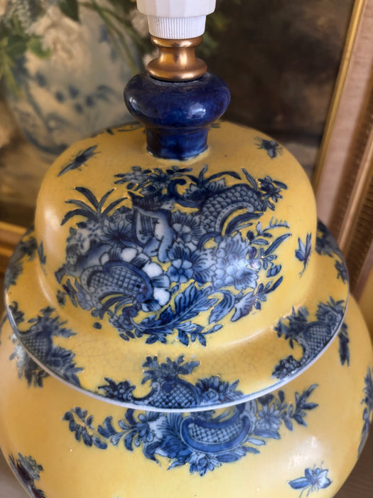 Large Vintage Yellow Ginger Jar Lamp Base with Blue Garland and Putti Motif
