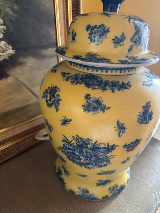 Large Vintage Yellow Ginger Jar Lamp Base with Blue Garland and Putti Motif