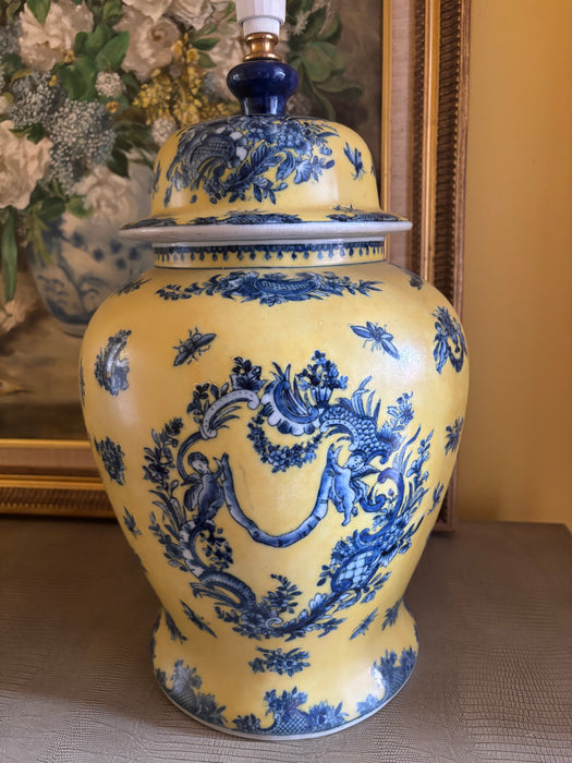 Large Vintage Yellow Ginger Jar Lamp Base with Blue Garland and Putti Motif