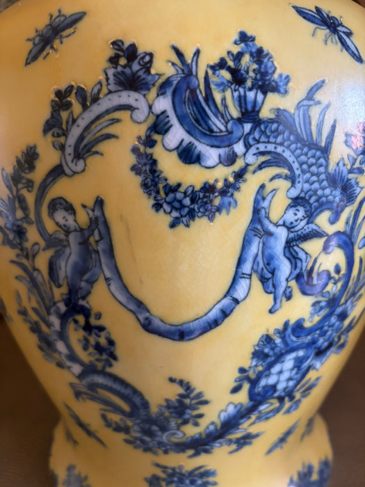 Large Vintage Yellow Ginger Jar Lamp Base with Blue Garland and Putti Motif