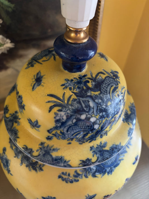 Large Vintage Yellow Ginger Jar Lamp Base with Blue Garland and Putti Motif