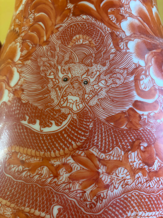 Substantial Vintage Chinese Orange Porcelain Lamp with Dragons