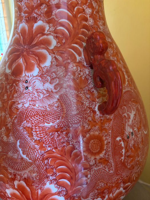 Substantial Vintage Chinese Orange Porcelain Lamp with Dragons