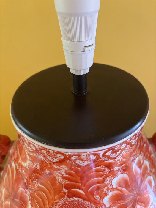 Substantial Vintage Chinese Orange Porcelain Lamp with Dragons