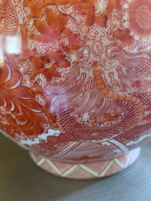 Substantial Vintage Chinese Orange Porcelain Lamp with Dragons