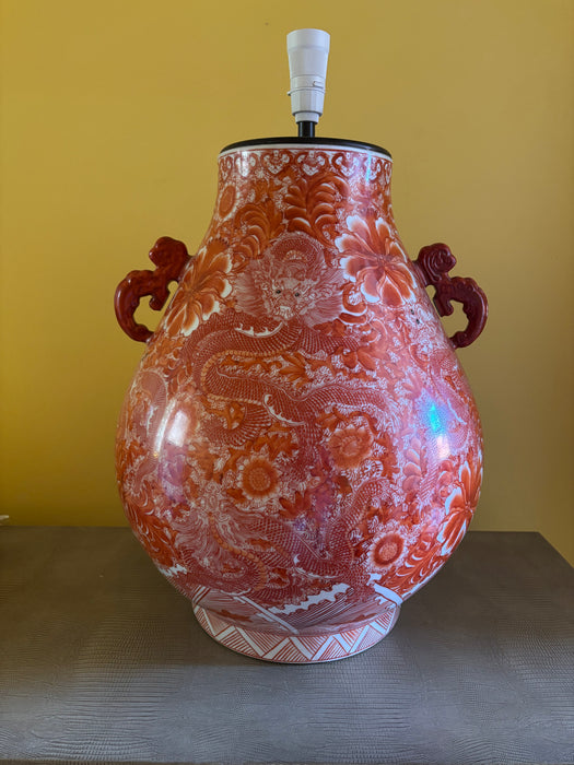 Substantial Vintage Chinese Orange Porcelain Lamp with Dragons