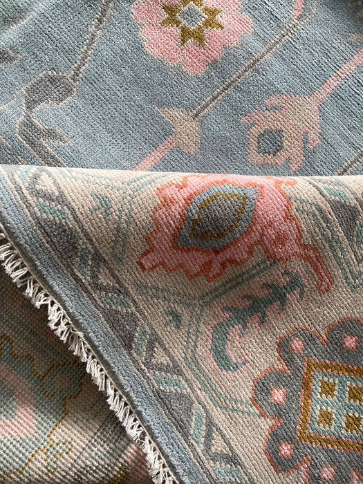 Dilek Hand-Knotted Indian Oushak Wool Rug - Sapphire, Blossom, Aquamarine and Charcoal