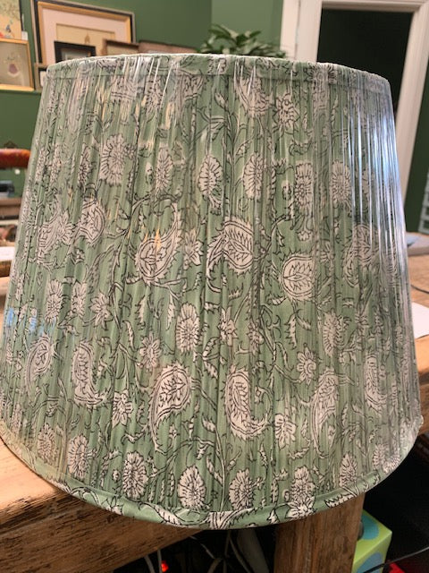 Large Green and White Block Printed Cotton Pleated Lampshade (Pair Available)