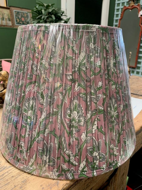 Medium Pink and Green Block Printed Cotton Pleated Lampshade