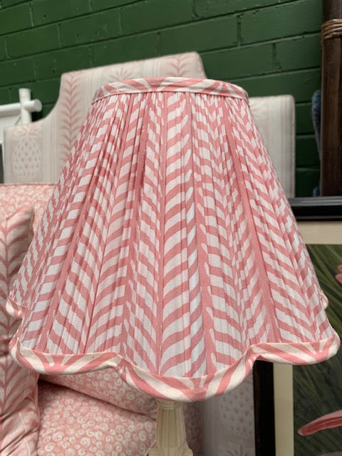 Small Pink and White Scalloped Block Printed Cotton Pleated Lampshade