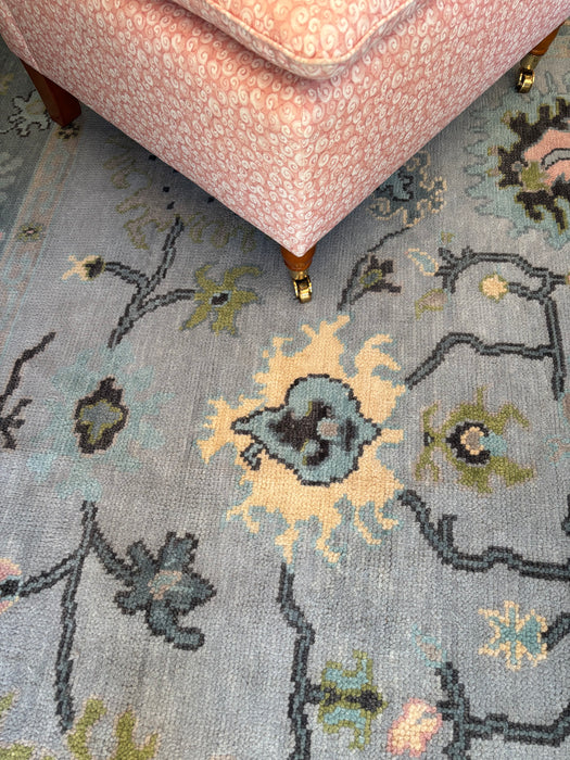 Hazine Hand-Knotted Indian Oushak Wool Rug - Teal, Aquamarine, Pear, Blossom and Slate