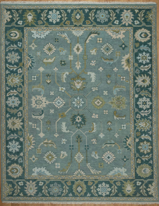 Kerem Hand-Knotted Indian Oushak Wool Rug - Teal, Aquamarine, Pear and Ivory/Blush