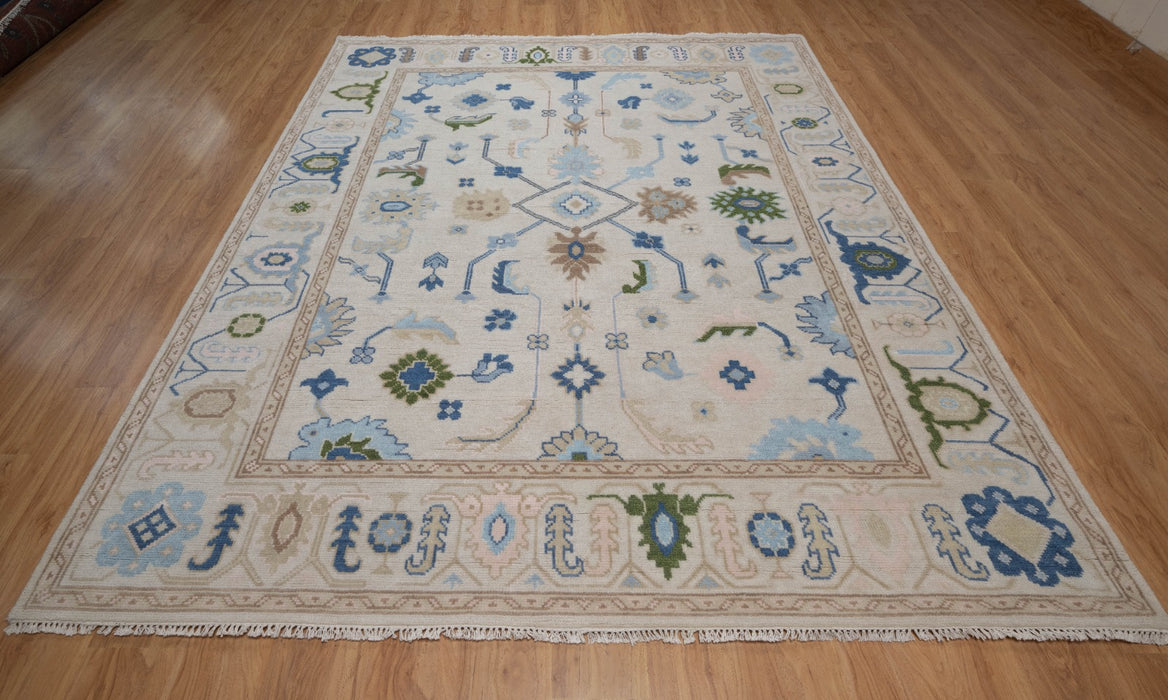 Sakin Hand-Knotted Indian Oushak Wool Rug - Ivory, Sapphire and Basil