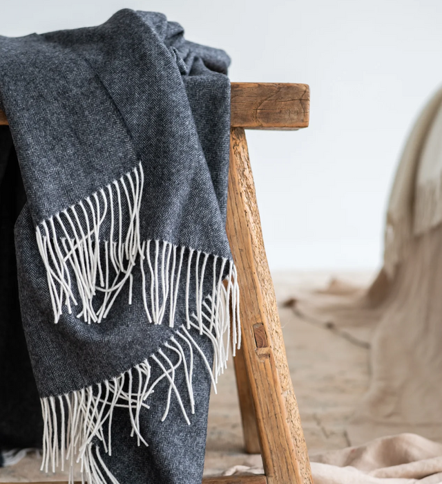 Generous Slate Cashmere Merino Herringbone Throw Blanket