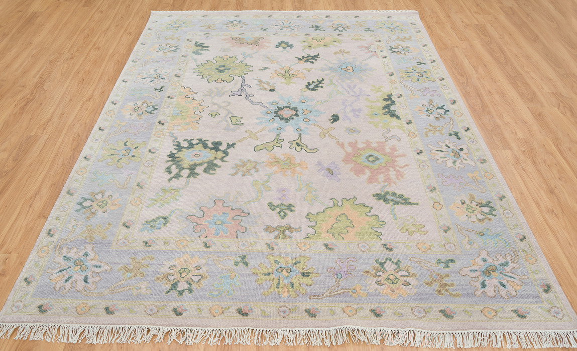 Levanta Hand-Knotted Oushak Indian Wool Rug -  Lilac, Aquamarine, Blossom and Pear