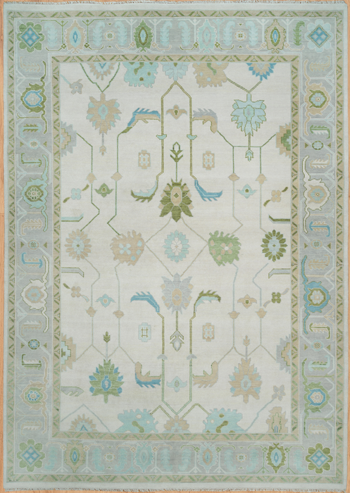 Arda Hand-Knotted Indian Oushak Wool Rug - Ivory, Aquamarine, Dove and Basil