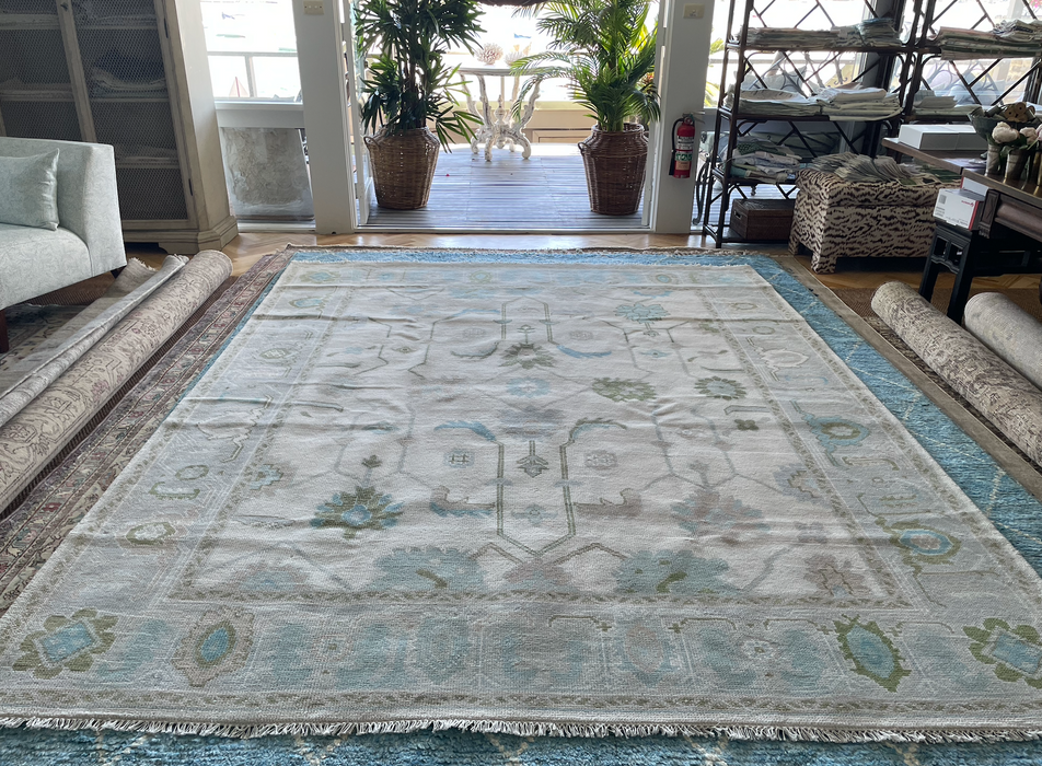 Arda Hand-Knotted Indian Oushak Wool Rug - Ivory, Aquamarine, Dove and Basil