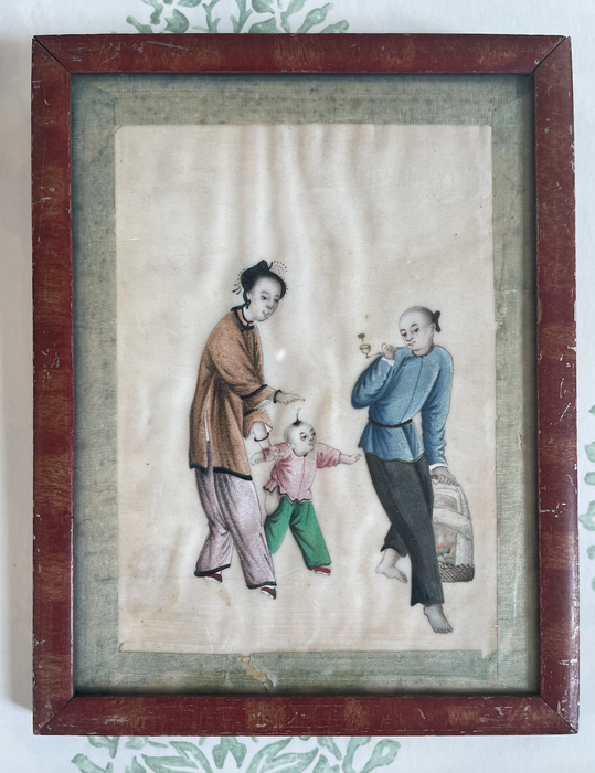 Pair of Antique 19th Century Chinese Figure Paintings on Parchment