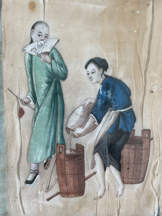 Pair of Antique 19th Century Chinese Figure Paintings on Parchment