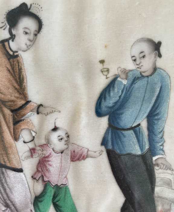 Pair of Antique 19th Century Chinese Figure Paintings on Parchment
