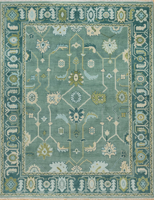 Kerem Hand-Knotted Indian Oushak Wool Rug - Aquamarine, Pear and Ivory/Blush