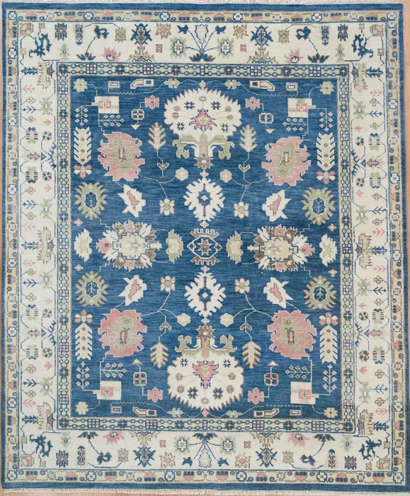 Esra Hand-Knotted Indian Oushak Wool Rug - Sapphire, Ivory and Blossom