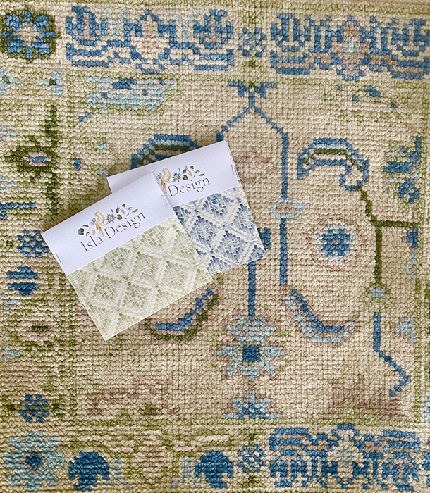 Sakin Hand-Knotted Indian Oushak Wool Rug - Ivory, Sapphire and Basil