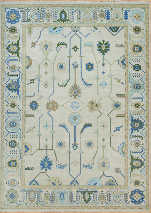 Sakin Hand-Knotted Indian Oushak Wool Rug - Ivory, Sapphire and Basil