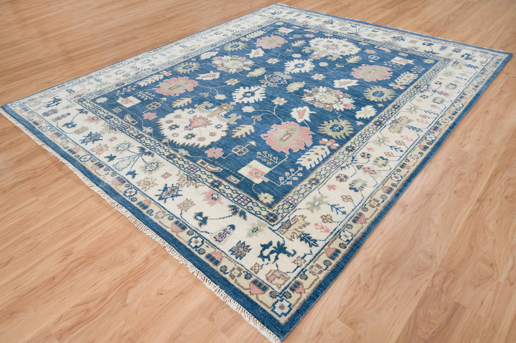 Esra Hand-Knotted Indian Oushak Wool Rug - Sapphire, Ivory and Blossom