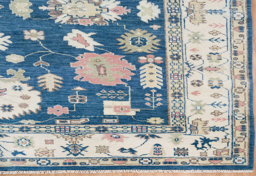 Esra Hand-Knotted Indian Oushak Wool Rug - Sapphire, Ivory and Blossom