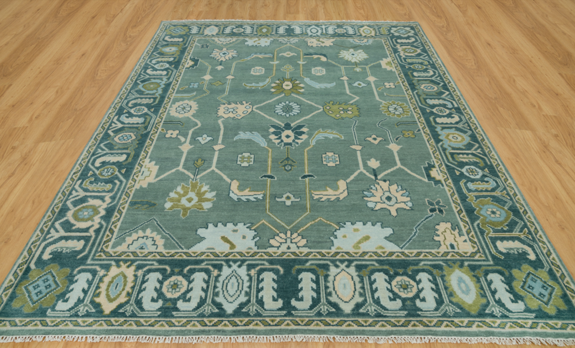 Kerem Hand-Knotted Indian Oushak Wool Rug - Aquamarine, Pear and Ivory/Blush