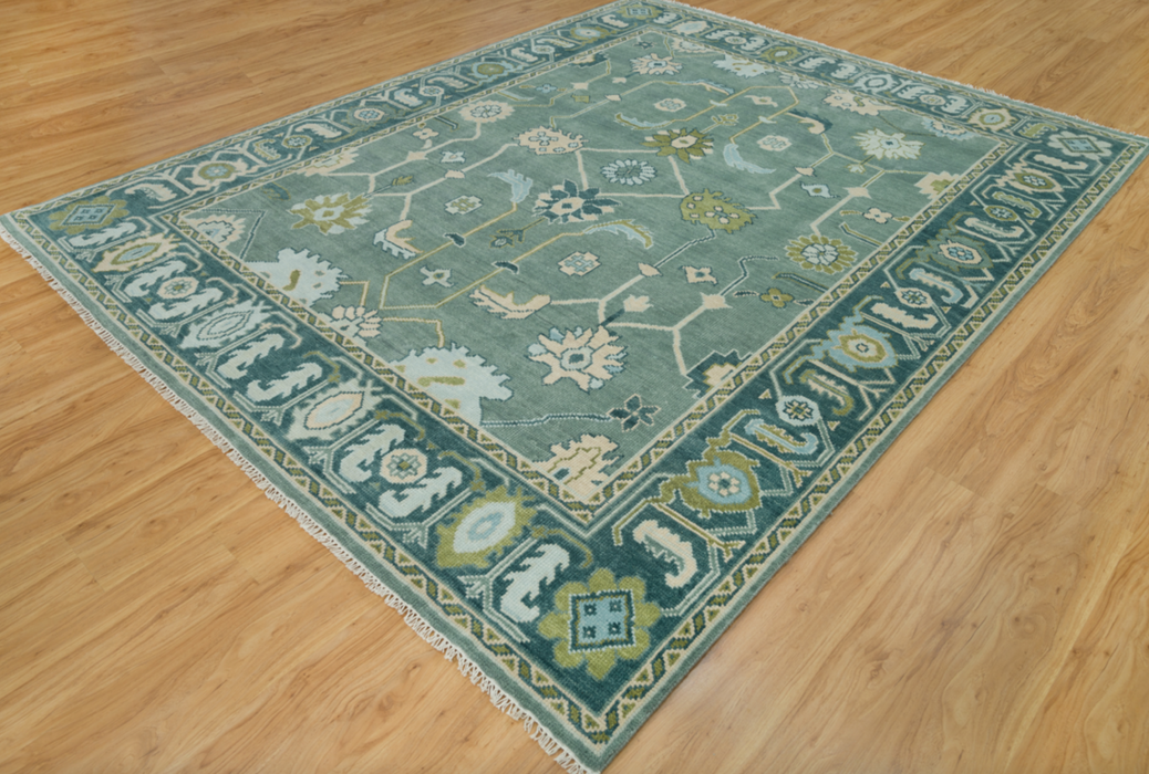 Kerem Hand-Knotted Indian Oushak Wool Rug - Aquamarine, Pear and Ivory/Blush
