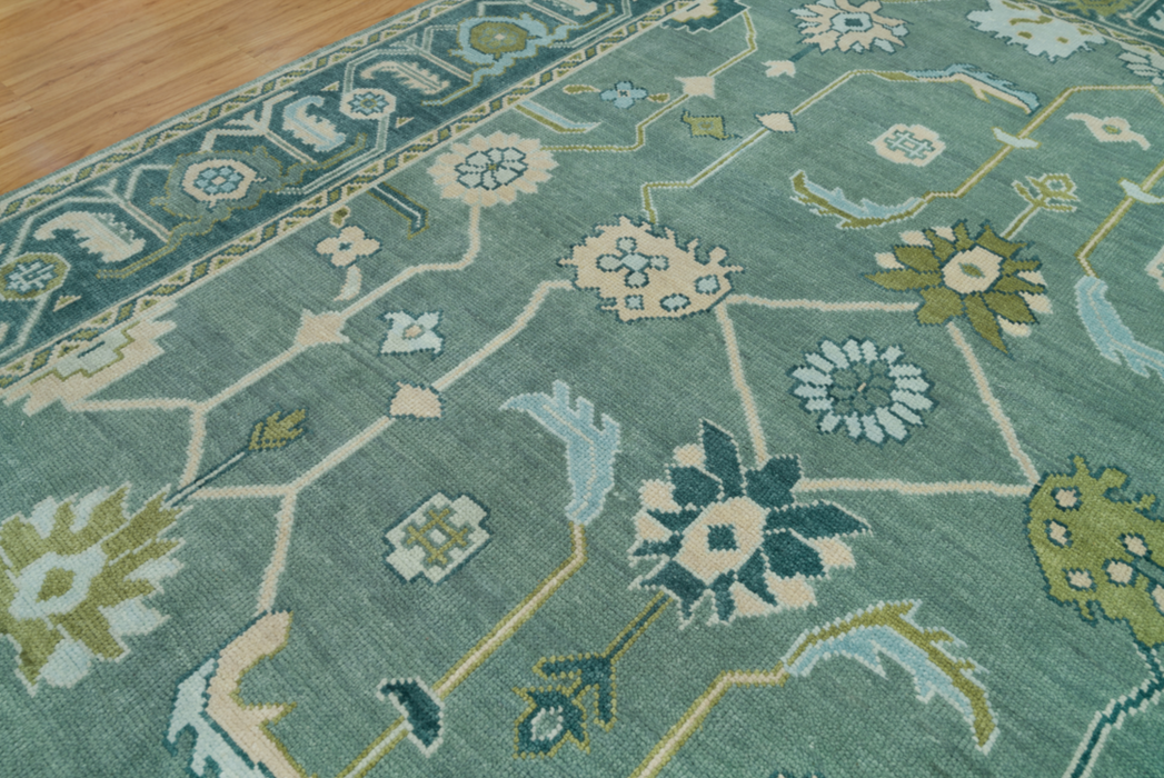 Kerem Hand-Knotted Indian Oushak Wool Rug - Aquamarine, Pear and Ivory/Blush