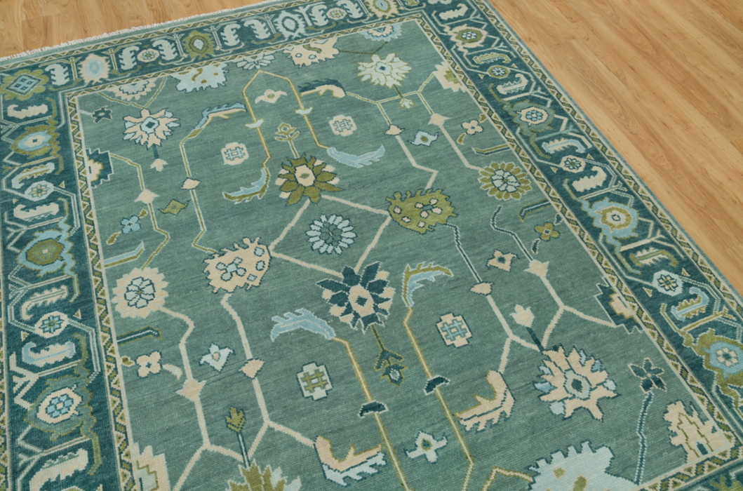 Kerem Hand-Knotted Indian Oushak Wool Rug - Aquamarine, Pear and Ivory/Blush