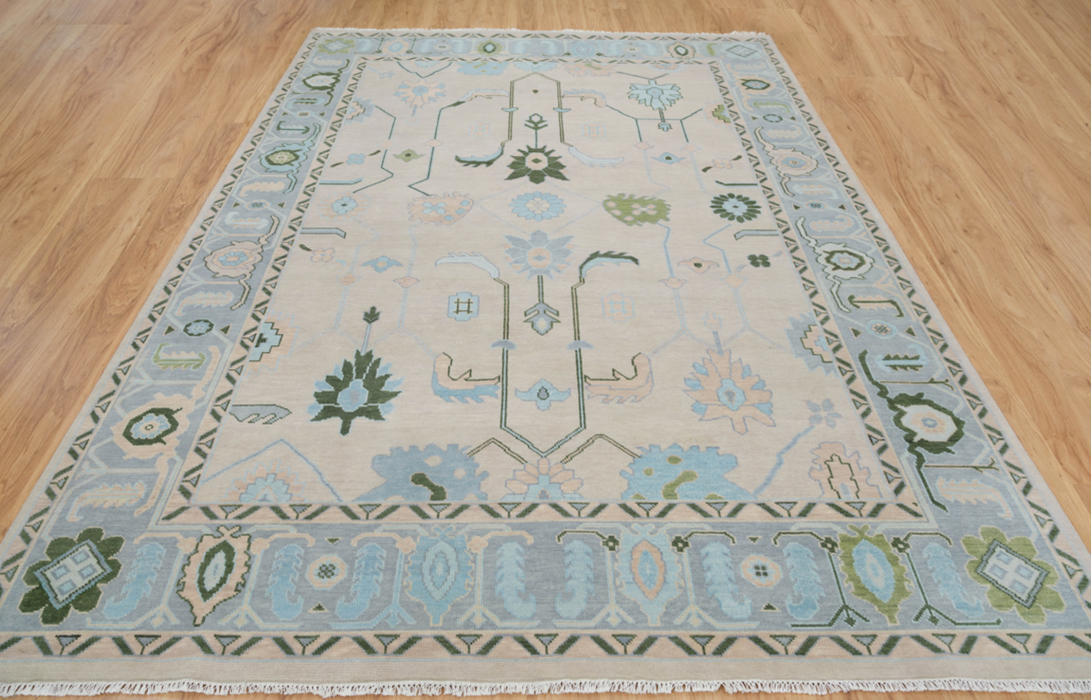Dilara Hand-Knotted Indian Oushak Wool Rug - Blossom, Sapphire and Basil