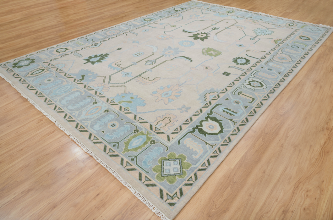 Dilara Hand-Knotted Indian Oushak Wool Rug - Blossom, Sapphire and Basil