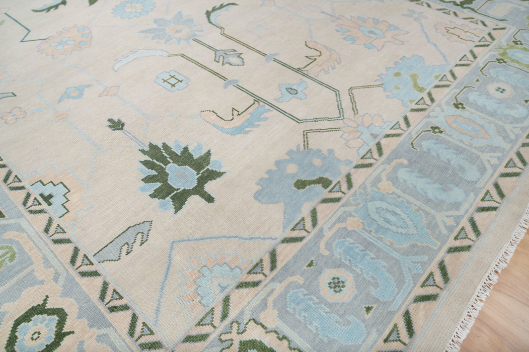 Dilara Hand-Knotted Indian Oushak Wool Rug - Blossom, Sapphire and Basil
