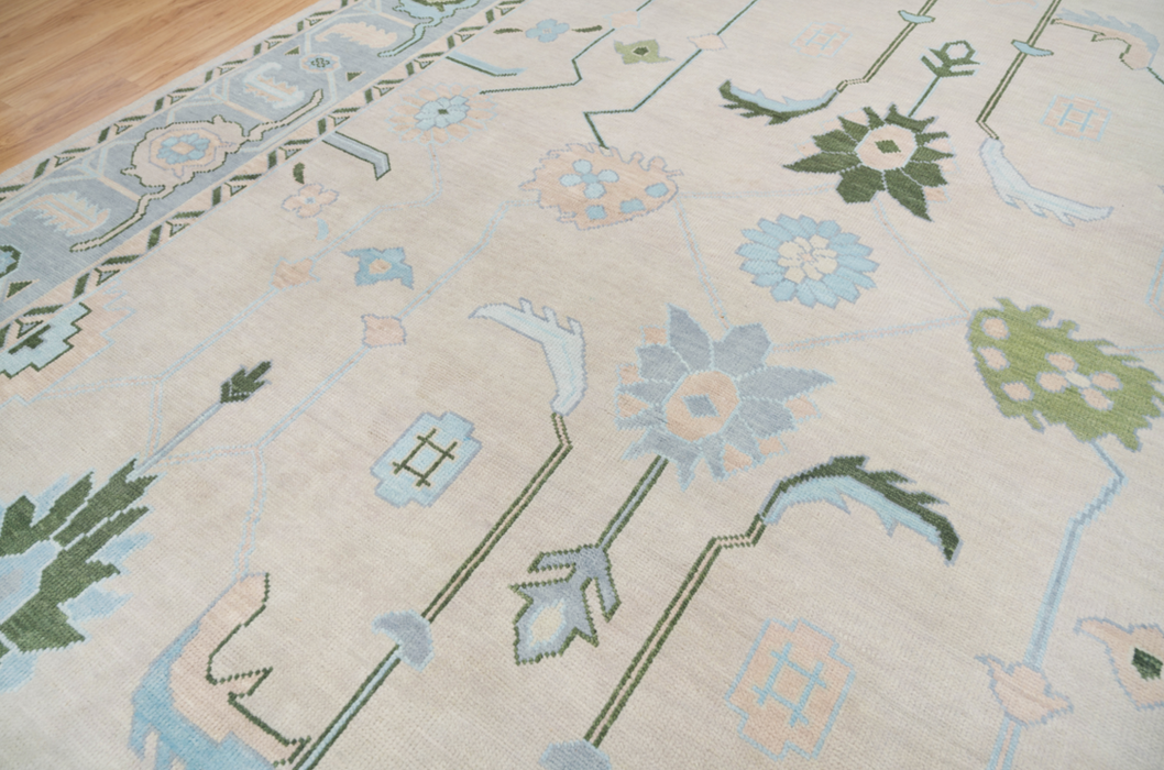 Dilara Hand-Knotted Indian Oushak Wool Rug - Blossom, Sapphire and Basil
