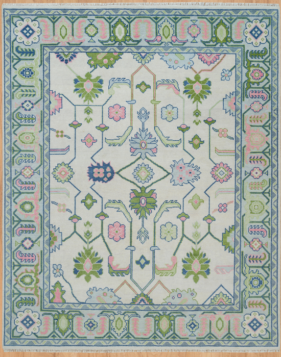 Lunara Hand-Knotted Indian Oushak Wool Rug - Ivory, Pink, Sapphire and Basil
