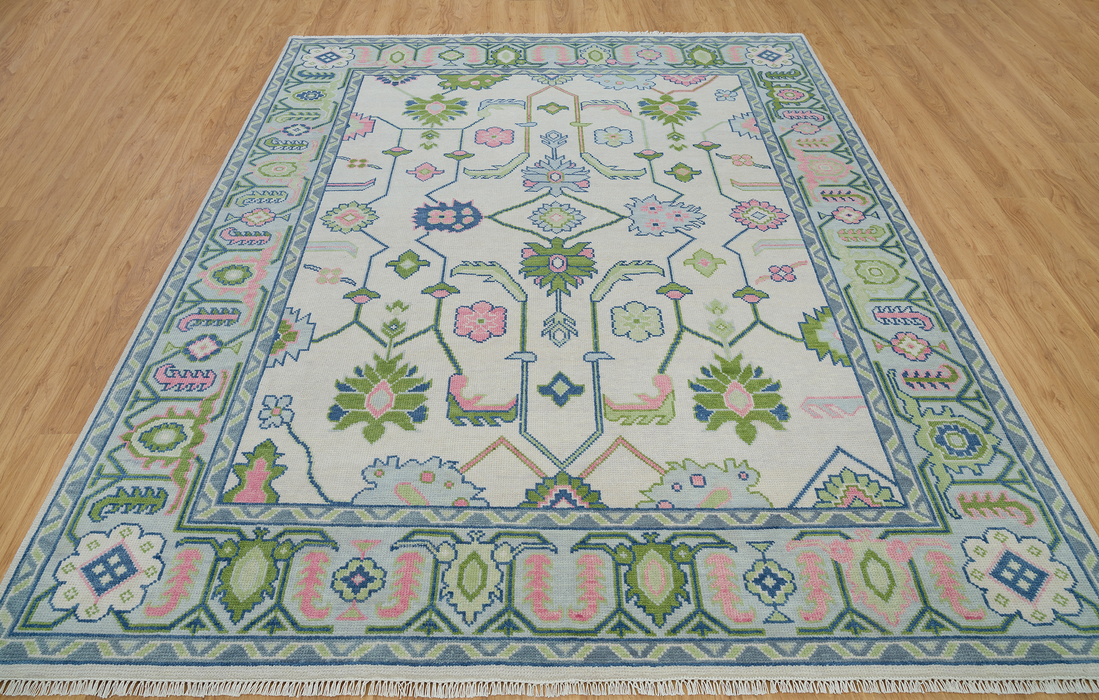 Lunara Hand-Knotted Indian Oushak Wool Rug - Ivory, Pink, Sapphire and Basil