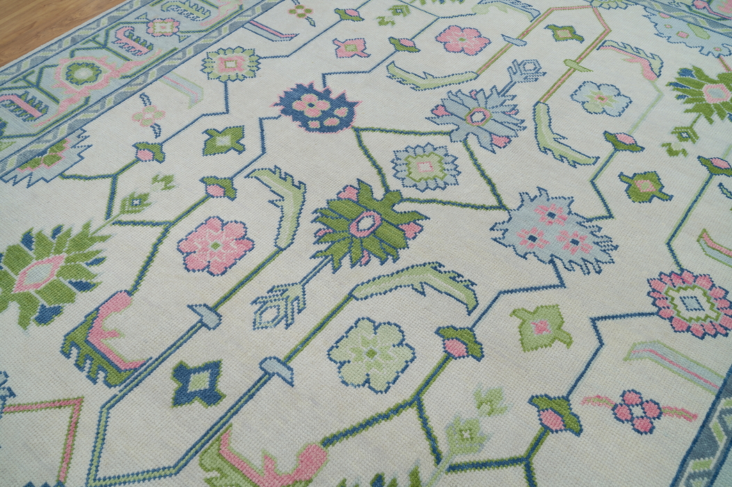 Lunara Hand-Knotted Indian Oushak Wool Rug - Ivory, Pink, Sapphire and Basil