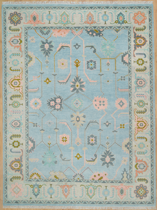 Dilek Hand-Knotted Indian Oushak Wool Rug - Sapphire, Blossom, Aquamarine and Charcoal
