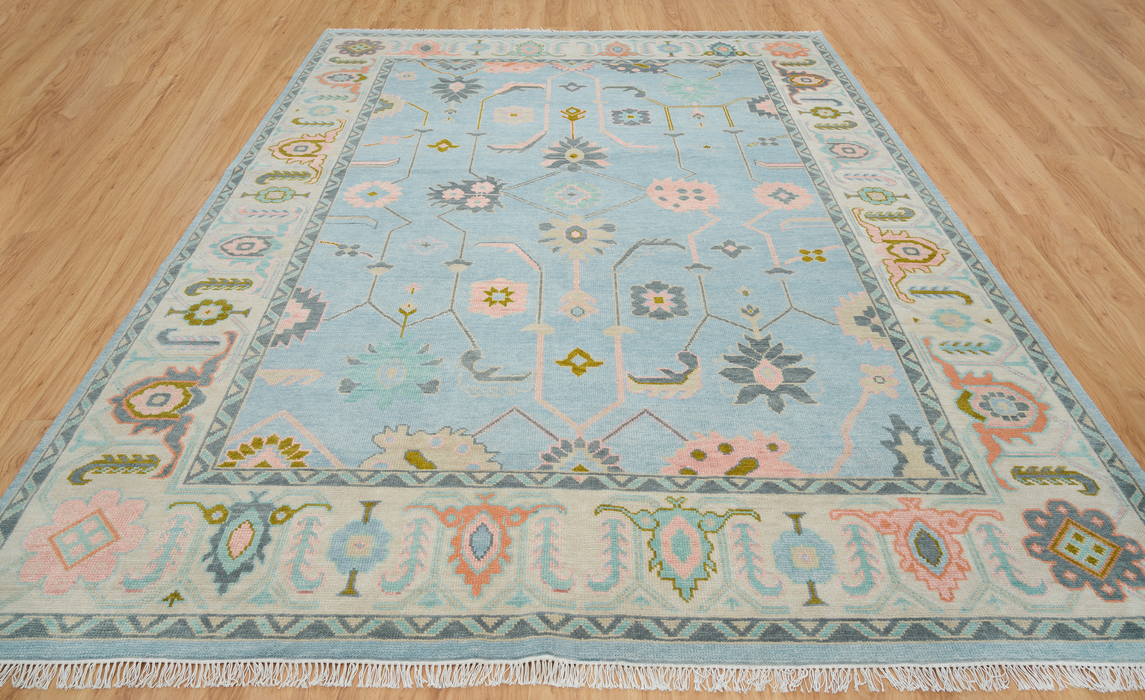 Dilek Hand-Knotted Indian Oushak Wool Rug - Sapphire, Blossom, Aquamarine and Charcoal